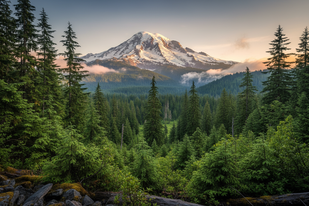 Mount Rainier with Evergreen Trees